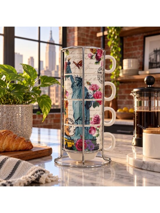 Memoriez Other - New York City Skyline Set of 4 Stacking Porcelain Mugs with a Metal Rack